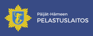 Päijät-Hämeen pelastuslaitos -teksti valkoisella sinisen pohjan päällä. Vieressä keltainen pelastustoimen tunnus, jonka keskellä Päijät-Hämeen vaakuna, jossa Vellamo-naishahmo.