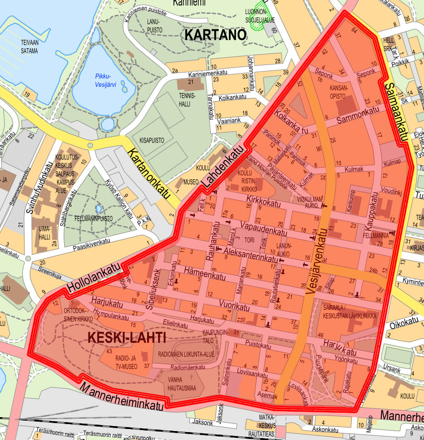 Kartta, jossa Lahden keskustan alue eli Mannerheiminkadun, Lahdenkadun, Hollolankadun, Saimaankadun ja Vuoksenkadun rajaama alueen merkitty punaisella.